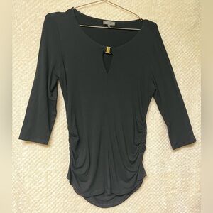 Vince Camuto Black Blouse with Gold Accent Side Ruched 3/4 Sleeve Stretch Medium